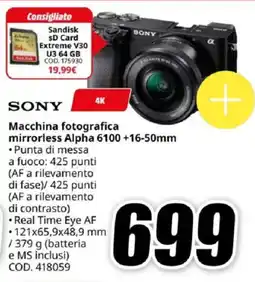 MediaWorld SONY Macchina fotografica mirrorless Alpha 6100 +16-50mm offerta