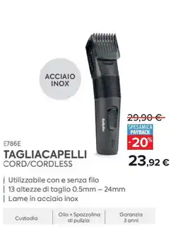 Carrefour BaByliss E786E TAGLIACAPELLI CORD/CORDLESS offerta
