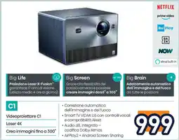 Unieuro Videoproiettore C1 Laser 4K Crea immagini fino a 300" offerta