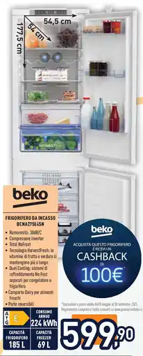 Unieuro Beko frigorifero DA INCASSO BCNA275E4SN offerta