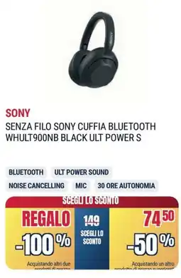 Trony SONY SENZA FILO SONY CUFFIA BLUETOOTH WHULT900NB BLACK ULT POWER S offerta