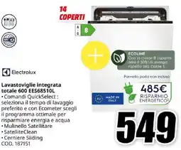 MediaWorld Electrolux Lavastoviglie integrata totale 600 EES68510L offerta