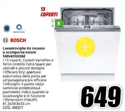 MediaWorld BOSCH Lavastoviglie da incasso a scomparsa totale SMV4ENX06E offerta