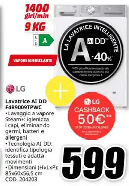 MediaWorld LG Lavatrice AI DD F4R9009TPWC offerta