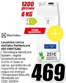 MediaWorld Electrolux Lavatrice carica dall'alto Perfectcare 600 EW6T526C offerta
