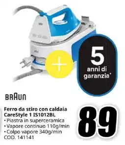 MediaWorld BRAUN Ferro da stiro con caldaia CareStyle 1 IS1012BL offerta