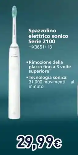 Unieuro Philips Spazzolino elettrico sonico Serie 2100 HX3651/13 offerta