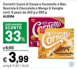 Iper La Grande Cornetti Cuore di Cacao o Caramello o Max Nocciola & Cioccolato o Mango & Vaniglia ALGIDA offerta