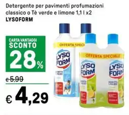Iper La Grande Detergente per pavimenti profumazioni classico o Tè verde e limone LYSOFORM offerta