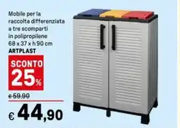 Iper La Grande Mobile per la raccolta differenziata a tre scomparti in polipropilene 68 x 37 x h 90 cm ARTPLAST offerta