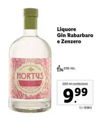 Lidl Hortus Liquore Gin Rabarbaro e Zenzero 500ml offerta
