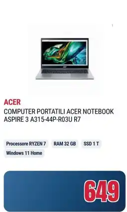 Trony ACER COMPUTER PORTATILI ACER NOTEBOOK ASPIRE 3 A315-44P-R03U R7 offerta