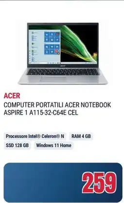 Trony ACER COMPUTER PORTATILI ACER NOTEBOOK ASPIRE 1 A115-32-C64E CEL offerta