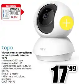 MediaWorld tapo Videocamera sorveglianza motorizzata da interno TC70 offerta