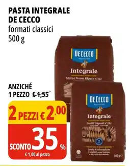 Tigros Pasta integrale DE CECCO formati classici offerta