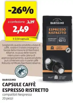 ALDI Barissimo capsule caffè espresso ristretto offerta