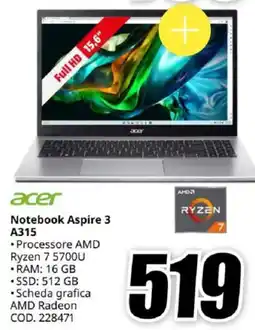 MediaWorld acer Notebook Aspire 3 A315 offerta