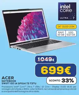 Euronics ACER NOTEBOOK SWIFT GO 14 SFG14 73 73TU offerta