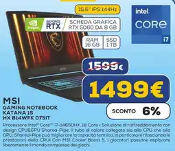 Euronics MSI GAMING NOTEBOOK KATANA 15 HX B14WFK 075IT offerta