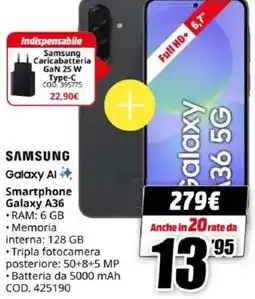 MediaWorld SAMSUNG Smartphone Galaxy A36 offerta