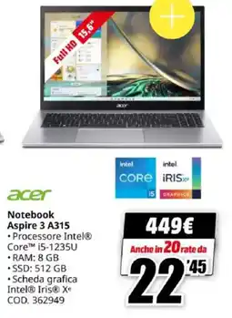 MediaWorld acer Notebook Aspire 3 A315 offerta