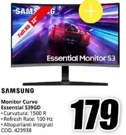 MediaWorld SAMSUNG Monitor Curvo Essential S39GD offerta