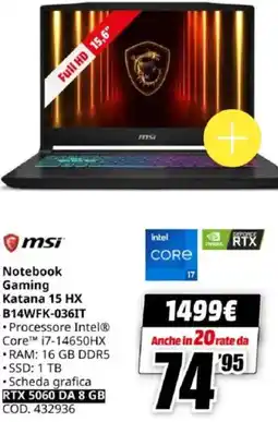 MediaWorld msi Notebook Gaming Katana 15 HX B14WFK-036IT offerta