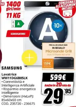 MediaWorld SAMSUNG Lavatrice WW11DG6B85LK offerta