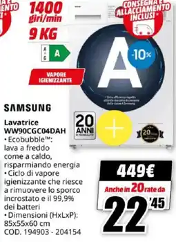 MediaWorld SAMSUNG Lavatrice WW90CGC04DAH offerta
