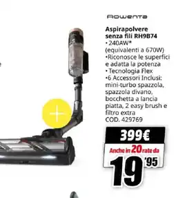 MediaWorld Rowenta Aspirapolvere senza fili RH9B74 offerta