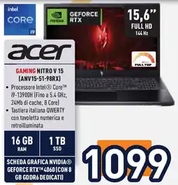Unieuro acer GAMING NITRO V 15 (ANV15-51-98RX) offerta