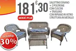 Iper Nonna Isa Salottino divano +2 poltrone con cuscini + tavolino con ripiano in vetro struttura in metallo offerta
