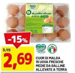DPiù Cuor di malga 15 uova fresche medie da galline allevate a terra offerta