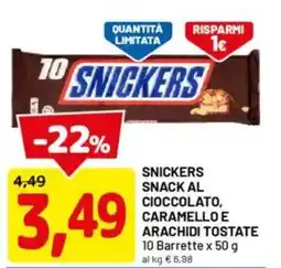 DPiù Snickers snack al cioccolato, caramello e arachidi tostate 10 barrette offerta