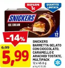 DPiù Snickers barretta gelato con cioccolato, caramello e arachidi tostate, multipack offerta