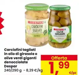 Despar Carciofini tagliati in olio di girasole o olive verdi giganti denocciolate DESPAR offerta