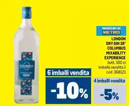 Metro London dry gin 38° columbus mixability experience offerta