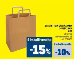 Metro Sacchetto in carta avana 26x16x29 cm aro offerta