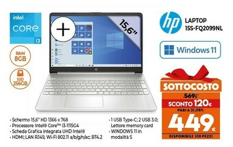 Expert 15s-fq2099nl computer portatile 39,6 cm (15.6") hd intel® core™ i3 di undicesima generazione 8 gb ddr4-sdram 256 gb ssd wi-fi offerta