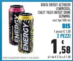Conad BIBITA ENERGY ACTIVATOR LEMONSODA, CRAZY TIGER ENERGY DRINK GERMINAL offerta