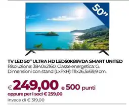 Coop TV LED 50” ULTRA HD LED50K89VDA SMART UNITED offerta