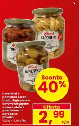 Interspar Carciofini o pomodori secchi in olio di girasole o olive verdi giganti denocciolate o giardiniera in agrodolce Novella offerta