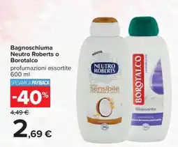 Carrefour Bagnoschiuma Neutro Roberts o Borotalco offerta