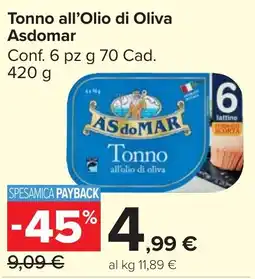 Carrefour Market Tonno all'Olio di Oliva Asdomar offerta