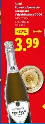 Lidl Allini Prosecco Spumante Conegliano Valdobbiadene DOCG offerta