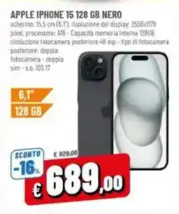 A&O APPLE IPHONE 15 128 GB NERO offerta