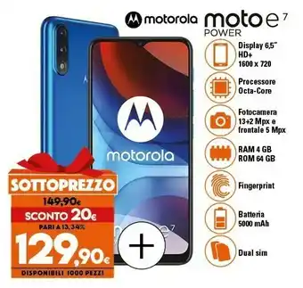 Expert Moto e7 power 16,5 cm (6.5") android 10.0 usb tipo-c 4 gb 64 gb 5000 mah blu offerta