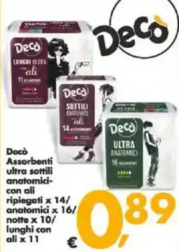 Deco Supermercati Decò Assorbenti ultra sottili anatomici con ali ripiegati x 14/ anatomici x 16/ notte x 10/ lunghi con ali x 11 offerta