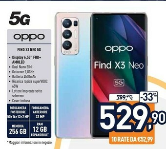 Unieuro Find x3 neo smartphone 5g, qualcomm865, display 6.55''fhd+amoled, 4 fotocamere 50mp, ram 12gb espandibile fino a 19gb+rom 256 offerta