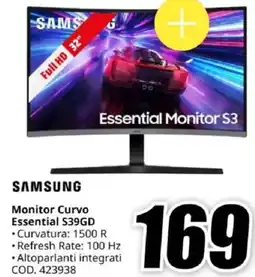 MediaWorld SAMSUNG Monitor Curvo Essential S39GD offerta